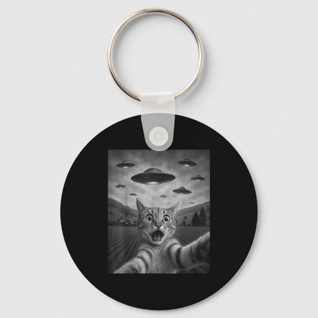 Chaveiro Funny Surprised Ed Cat Selfie With Alien Ufo Cat U (Frente)