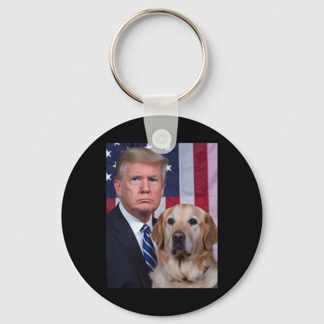 Chaveiro Funny Trump And Golden Retriever Dog Usa Flag Elec (Frente)