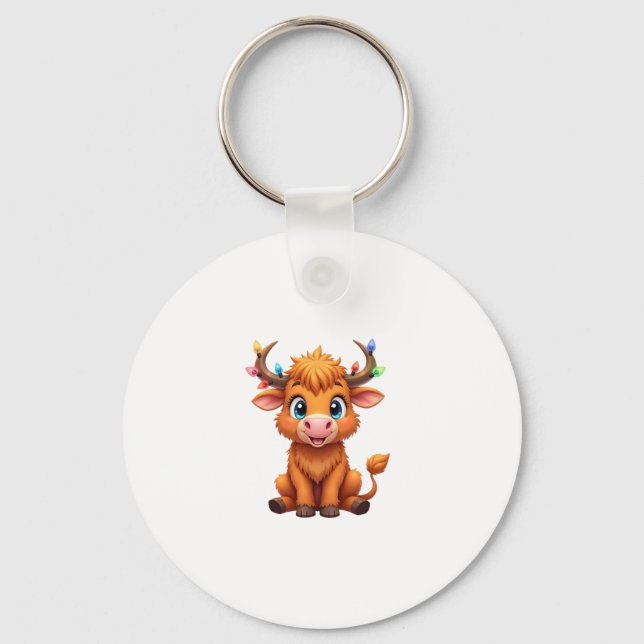 Chaveiro Funny Xmas Cow Lights Boys Girls Cute Highland Cow (Frente)