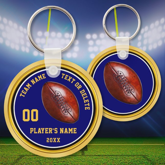 Chaveiro Futebol Dourado e azul barato (Cheap football gifts. Football party favors. Personalized, football souvenirs. Football Team gifts.)
