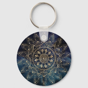 Chaveiro Galáxia Azul Elegante Dourada Mandala