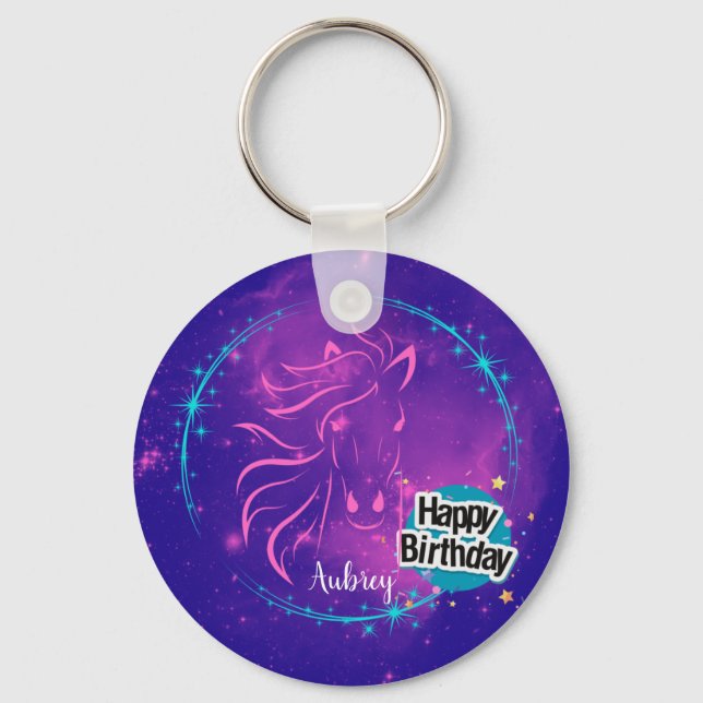Chaveiro Galáxia Cavalo Feliz Aniversário Personalizado (Frente)