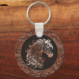 Chaveiro Galinha castanha, cabeça de cavalo de couro floral