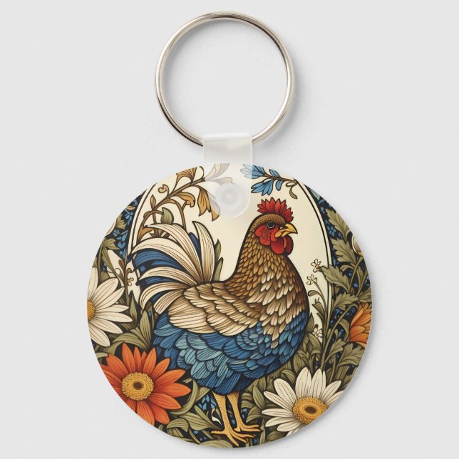 Chaveiro Galinha de Fazenda Antiga e Flores de Margarida (Frente)