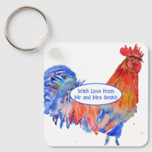Chaveiro Galinha do Galo Vermelho Casamento Aquarela Azul