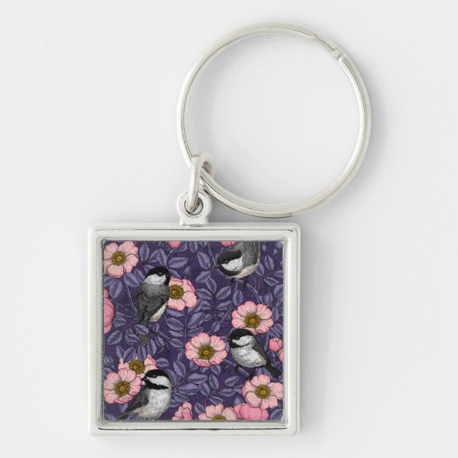 Chaveiro Galinhas na rosa selvagem de rosa e violeta (Frente)