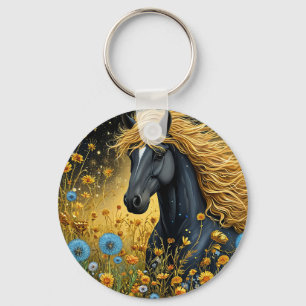 Chaveiro Garanhão Preto Majestoso Entre Vibrantes Flores Si