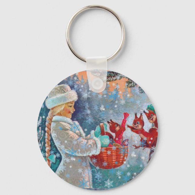 Chaveiro Garota de Natal de Neve com Esquilos (Frente)