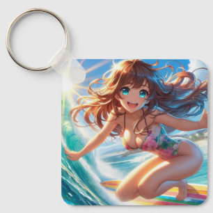 Chaveiro Garota surfista de anime costeira/náutica/tropical