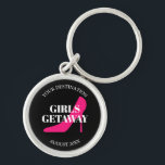 Chaveiro Garotas Getaway viagem de férias com destino<br><div class="desc">Meninas Getaway viagem destino de férias ainda para chaveiro premium. Design de corrente de chave cinzenta brilhante com tipografia elegante e silhueta de calçado de salto alto, cor-de-rosa-neon. Divertido para a viagem de fim de semana, festa de solteira, chá de panela, aniversário, casamento, noites de meninas, senhoras de volta, férias...</div>