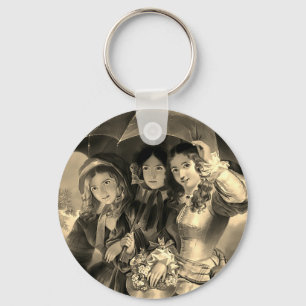 Chaveiro Garotas vitorianas guarda-chuva dia chuvoso sépia
