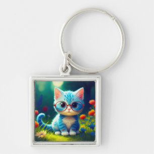 Chaveiro Gatinho Azul Fofo Usando Óculos-47067