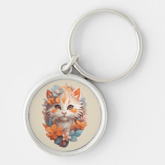 Chaveiro Gatinho de Floral Laranja Fofo (Frente)
