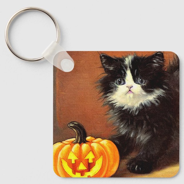 Chaveiro Gatinho de Halloween Preto e Branco Vintage (Frente)