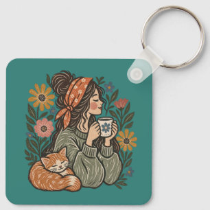 Chaveiro Gatinho e Café Cottagecore Aconchegante em Acrílic