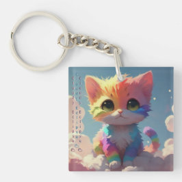 Chaveiro Gatinho Fofo de Arco-Íris Sobre uma Nuvem