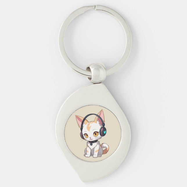 Chaveiro Gatinho Kawaii com Fones de Ouvido Balançantes (Frente)