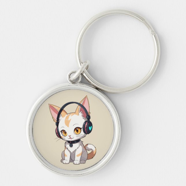 Chaveiro Gatinho Kawaii com Fones de Ouvido Balançantes (Frente)