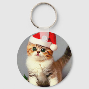 Chaveiro Gatinho natal vintage em Santa Hat