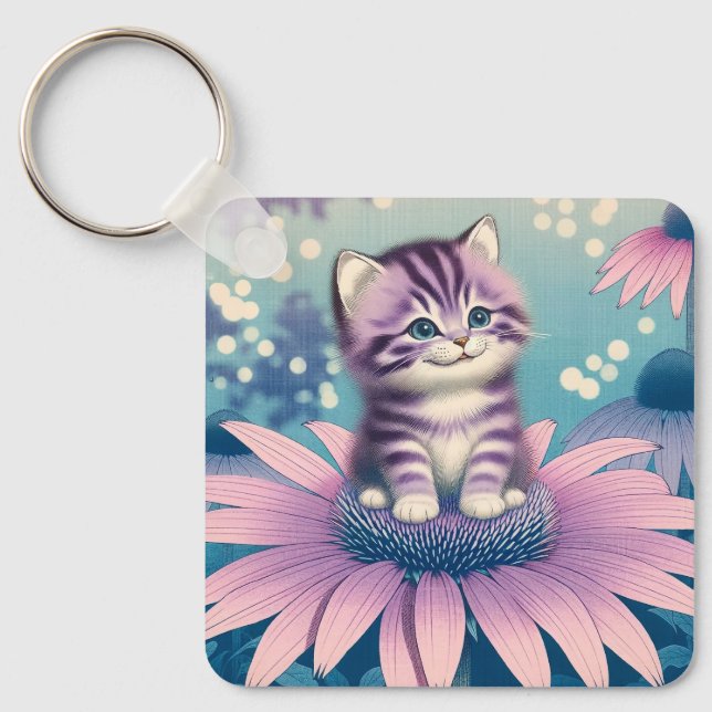 Chaveiro Gatinho no grampo de flores roxas (Frente)