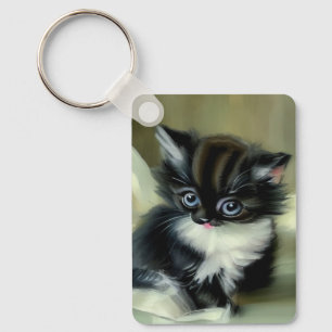 Chaveiro Gatinho Preto e Branco Antigo com Língua para Fora