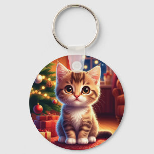Chaveiro Gatinho Sentado ao Lado da Árvore de Natal Ilumina