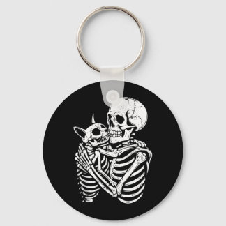 Chaveiro Gato Abraçando Esqueleto Halloween Gato Engraçado 
