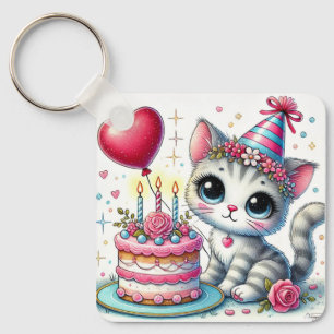 Chaveiro Gato Adorável Comemora Aniversário com Bolo
