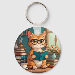 Chaveiro Gato Adorável Usando Óculos Lendo um Livro