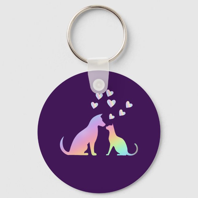 Chaveiro Gato Arco-Íris Fofo e Silhueta de Cachorro Amor Ro (Frente)