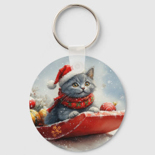 Chaveiro Gato Azul Russo em Trenó Deixe Nevar Natal