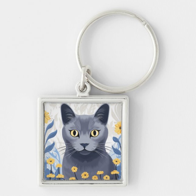 Chaveiro Gato Azul Russo Flores Amarelas (Frente)