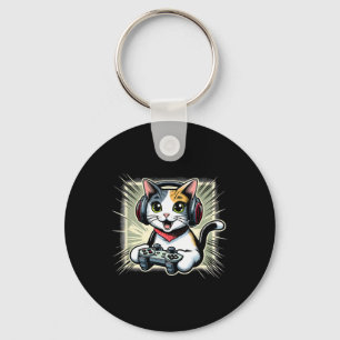 Chaveiro Gato Bobtail Japonês de Videogame com Fone de Ouvi