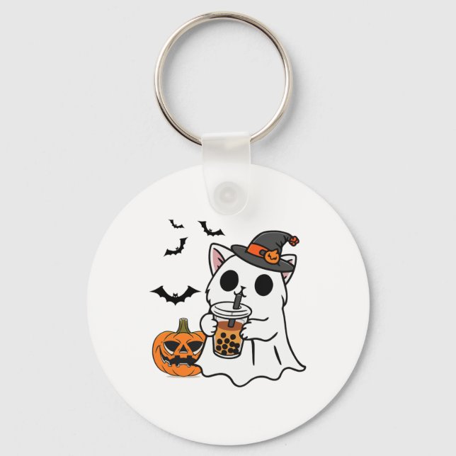 Chaveiro Gato Bonito De Halloween No Fantasma Bebendo Boba (Frente)