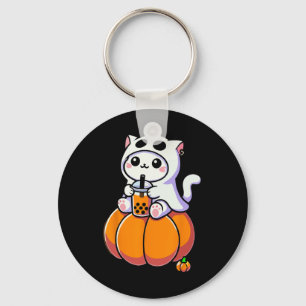 Chaveiro Gato Bonito De Halloween No Fantasma Bebendo Boba