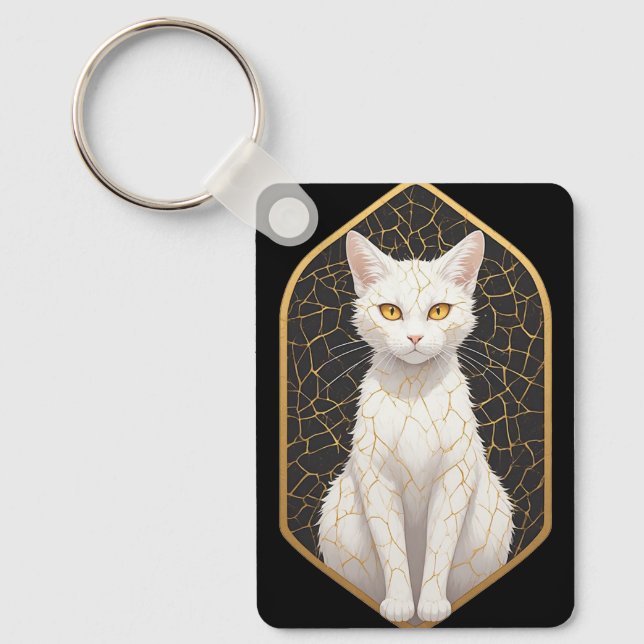 Chaveiro Gato Branco Com Padrão Kintsugi 🐾 (Frente)