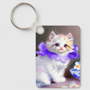 Chaveiro Gato branco com pintura de colarinho de flores rox