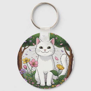 Chaveiro Gato Branco em um Jardim Colorido