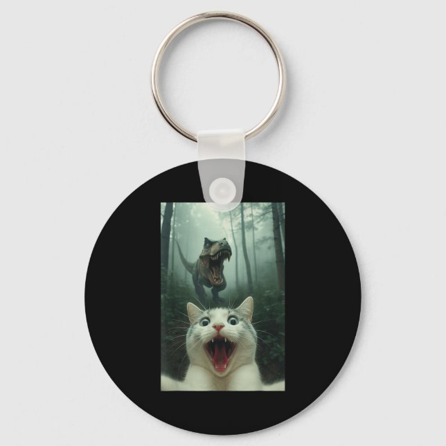 Chaveiro Gato Branco Engraçado Selfie Com T-rex Dinossauro, (Frente)
