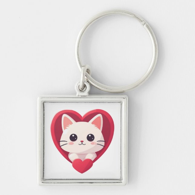 Chaveiro Gato Branco Fofo com Coração Desenho de Kawaii Kit (Frente)
