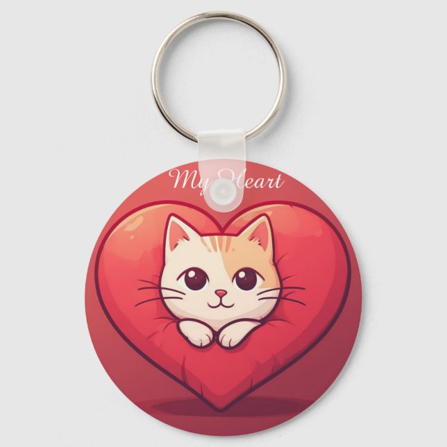 Chaveiro Gato Branco Fofo com Coração Desenho de Kawaii Kit (Frente)