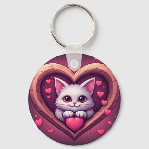 Chaveiro Gato Branco Fofo com Coração Desenho de Kawaii Kit