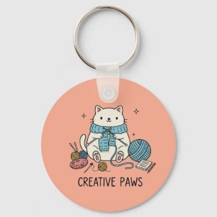 Chaveiro Gato Branco Fofo Tecendo com Arte Coral de Fio Azu