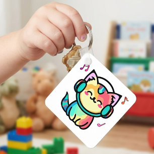 Chaveiro Gato Cartoon Kawaii Sorridente Feliz com Fones de