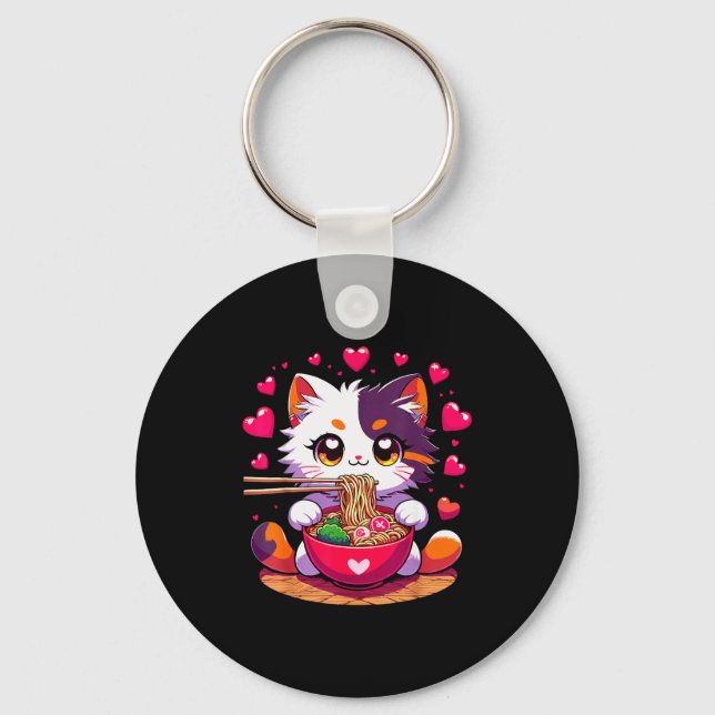 Chaveiro Gato de Anime Comendo Macarrão Ramen Com Corações  (Frente)