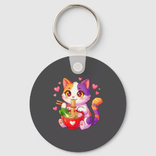 Chaveiro Gato de anime comendo macarrão ramen com corações
