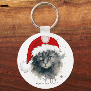 Chaveiro Gato De Aquarela Em Um Papai Noel Feliz Natal