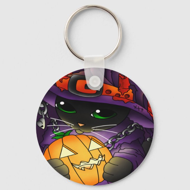 Chaveiro Gato de Bruxas Negras de Abóbora Halloween (Frente)