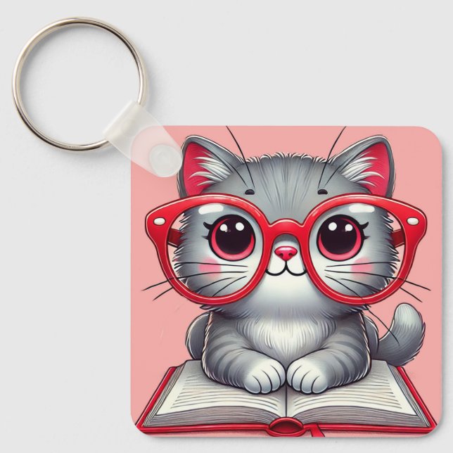 Chaveiro Gato de desenho animado fofo vestindo óculos (Frente)