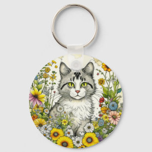Chaveiro Gato de Gatinho Personalizado Sentado em Flores